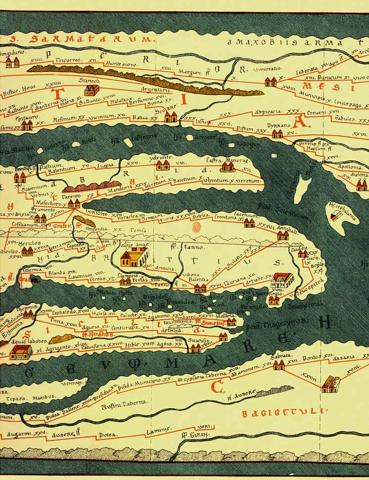 A small section of the Tabula Peutingeriana, from a modern facsimile; note the Dalmatian coast at the top, southern Italy in the middle, and the African Mediterranean coast at the bottom