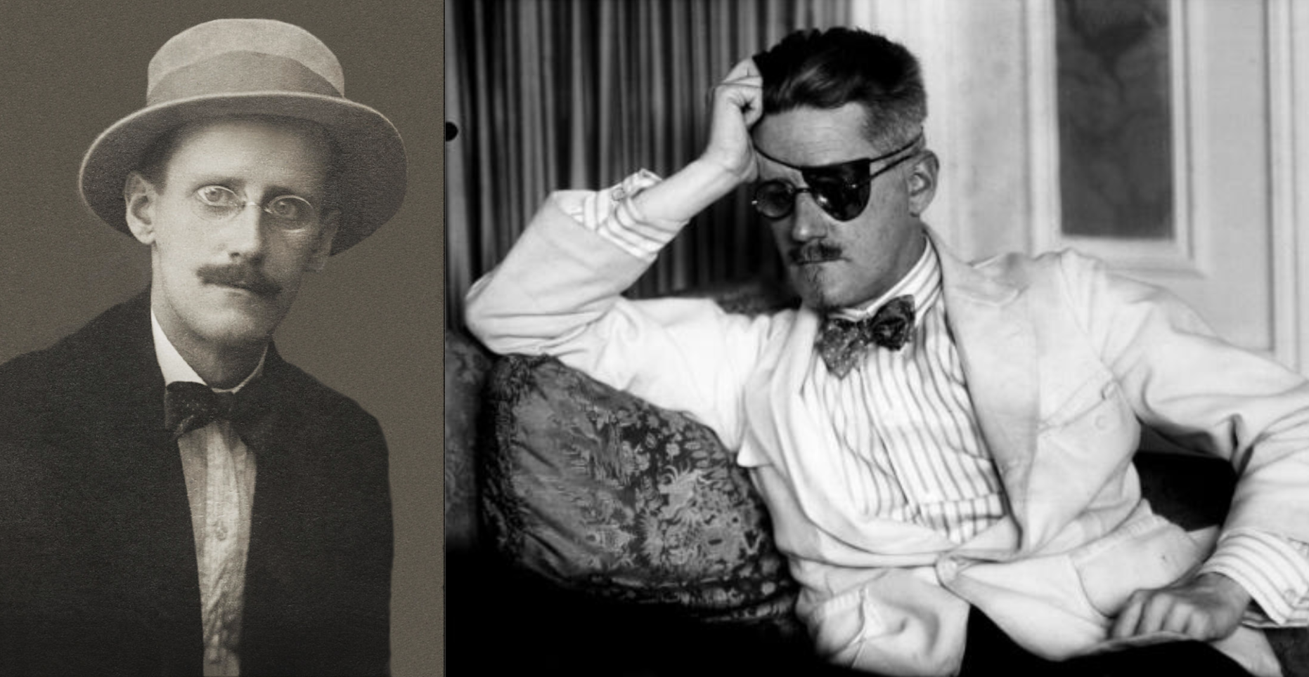 Portraits of James Joyce before and after his publication of Ulysses: in 1915, by Alex Ehrenzweig; in 1926, by Berenice Abbott